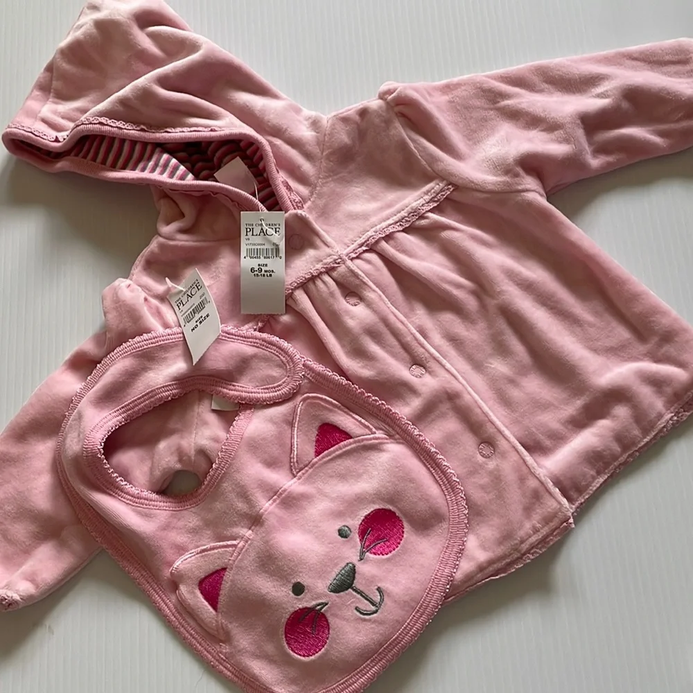 The Children’s place 3 piece set.  Pink Pants, Jacket & bib.  Size 6-9 months